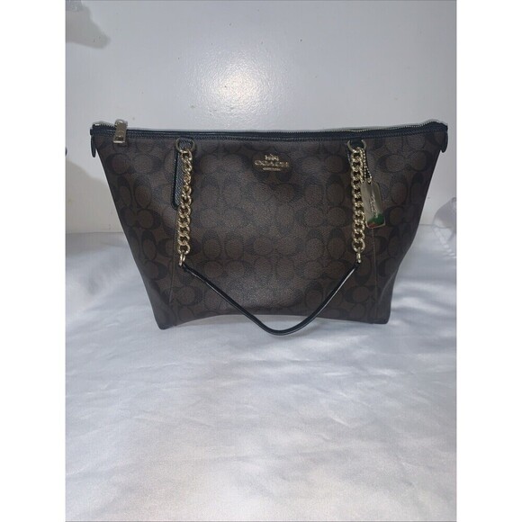 Women's Coach bagAva Chain Tote Signature Canvas in Brown/Black Authentic